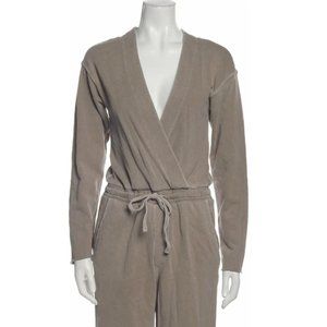AMO Tan Jumpsuit, Long Sleeve with Plunge Neckline